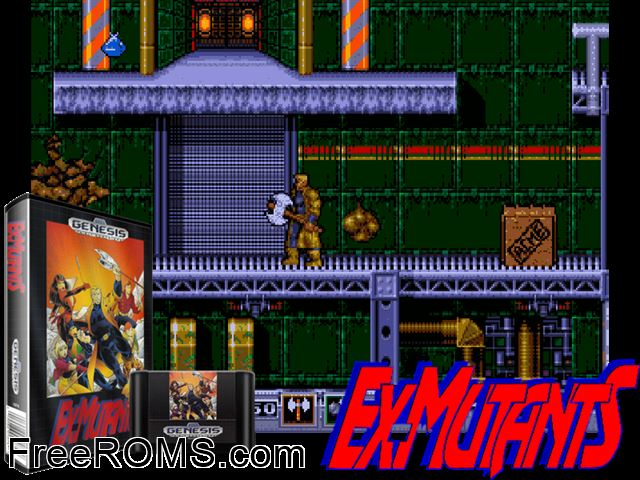Ex-Mutants Genesis game showing 3D box cover and gameplay screenshot