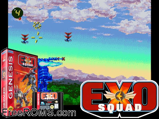 ExoSquad Genesis game showing 3D box cover and gameplay screenshot