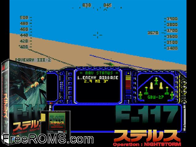 F-117 Stealth Operation Night Storm Genesis game showing 3D box cover and gameplay screenshot