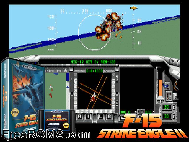 F-15 Strike Eagle II Genesis game showing 3D box cover and gameplay screenshot