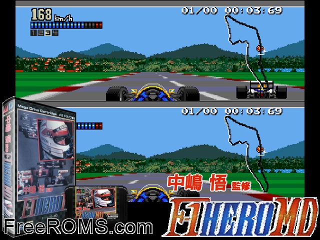 F1 Hero MD (Japan) Genesis game showing 3D box cover and gameplay screenshot