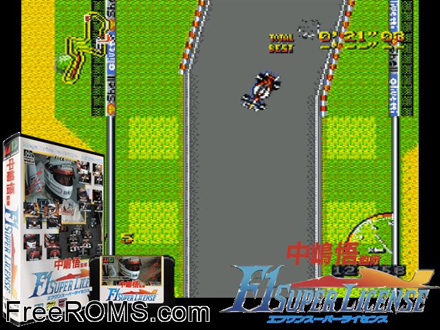 F1 Super License Jap Genesis game showing 3D box cover and gameplay screenshot