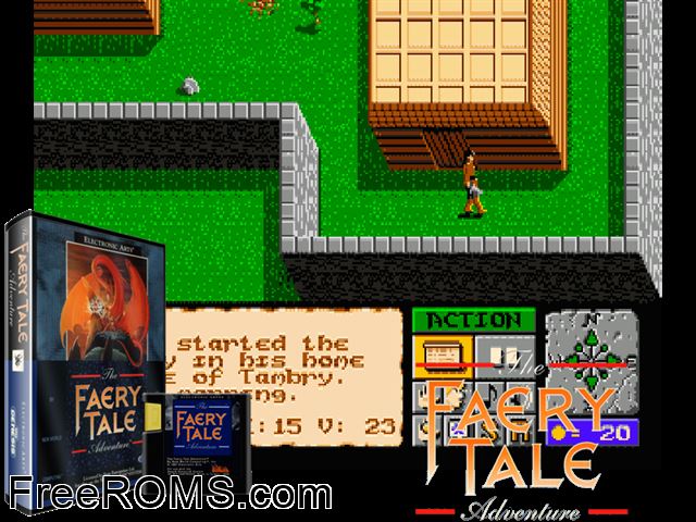 Faery Tale Adventure Genesis game showing 3D box cover and gameplay screenshot