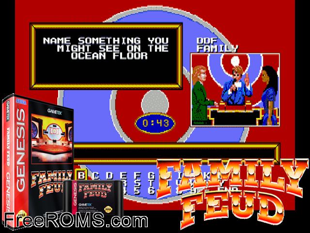 Family Feud Genesis game showing 3D box cover and gameplay screenshot