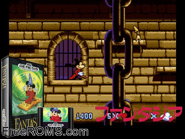 Fantasia Genesis game showing 3D box cover and gameplay screenshot