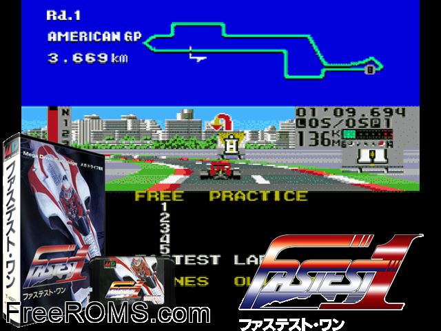 Fastest 1 (Japan) Genesis game showing 3D box cover and gameplay screenshot
