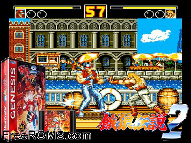 Fatal Fury 2 Genesis game showing 3D box cover and gameplay screenshot