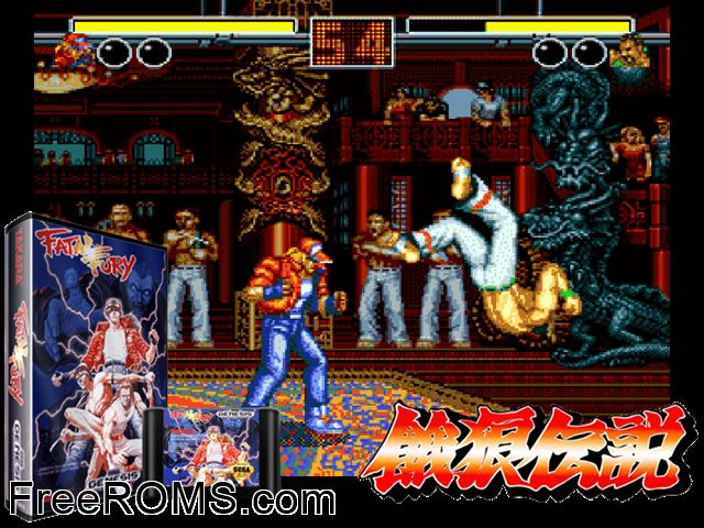 Fatal Fury: King of Fighters Genesis game showing 3D box cover and gameplay screenshot