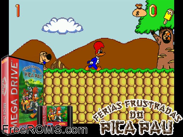 Ferias Frustradas do Pica-Pau Genesis game showing 3D box cover and gameplay screenshot