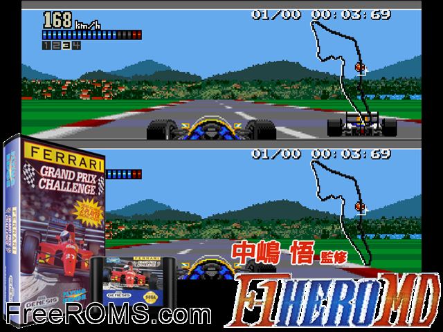 Ferrari Grand Prix Challenge Genesis game showing 3D box cover and gameplay screenshot