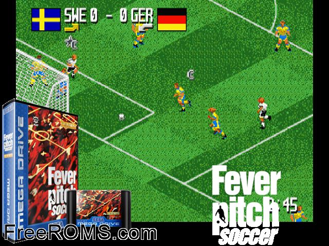 Fever Pitch Soccer Genesis game showing 3D box cover and gameplay screenshot
