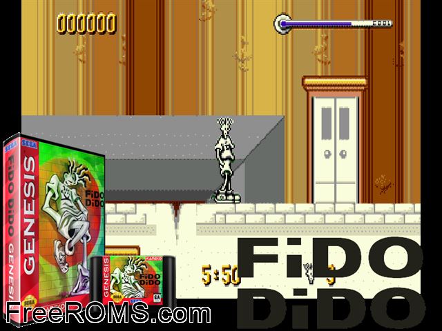 Fido Dido Genesis game showing 3D box cover and gameplay screenshot