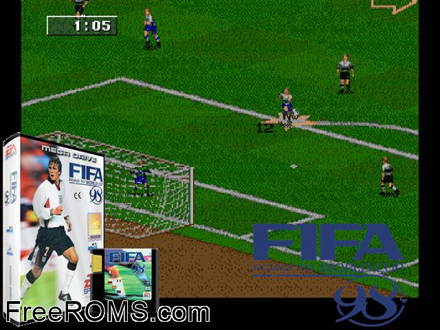 FIFA Soccer 98 - Road to the World Cup Genesis game showing 3D box cover and gameplay screenshot