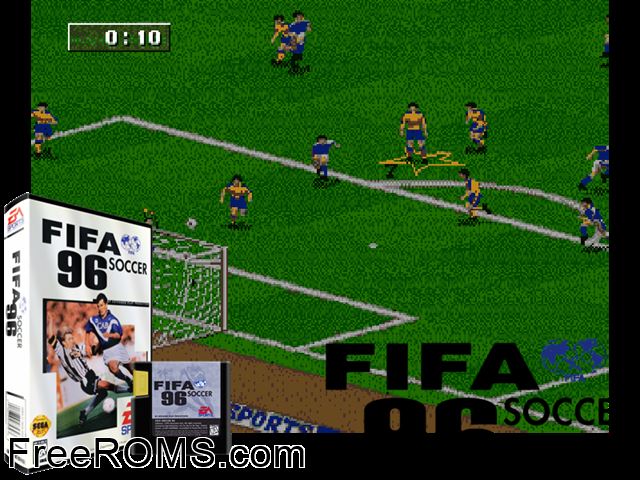FIFA Soccer 99 Genesis game showing 3D box cover and gameplay screenshot