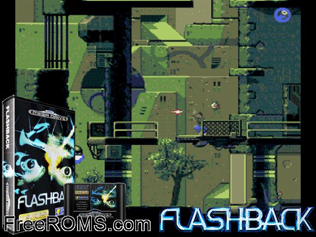 Flash Back Genesis game showing 3D box cover and gameplay screenshot