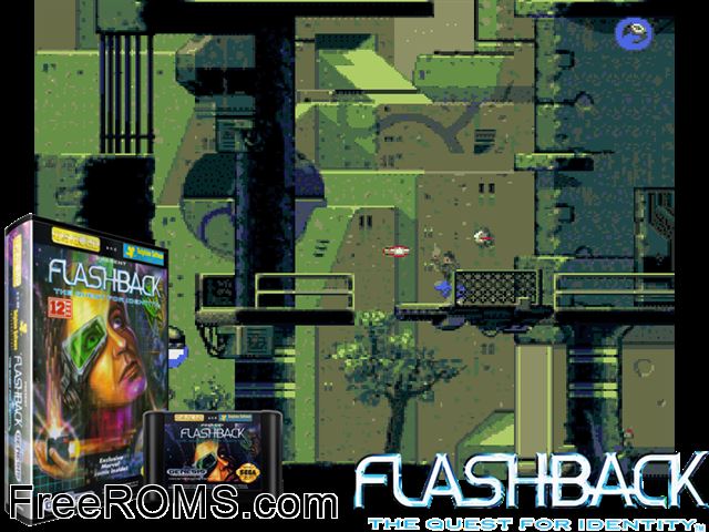 Flashback - The Quest for Identity Genesis game showing 3D box cover and gameplay screenshot