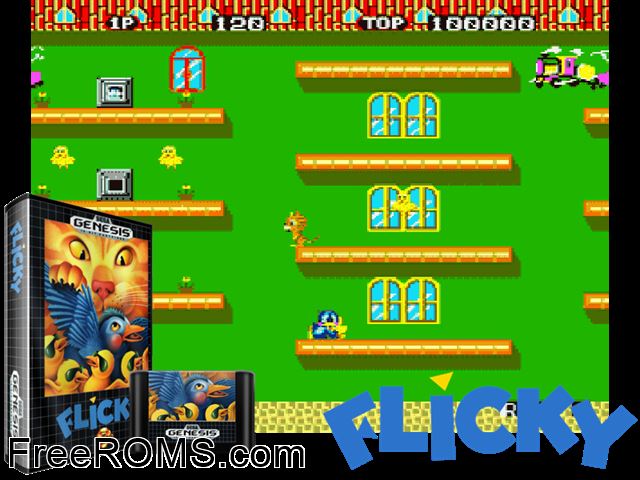 Flicky Genesis game showing 3D box cover and gameplay screenshot