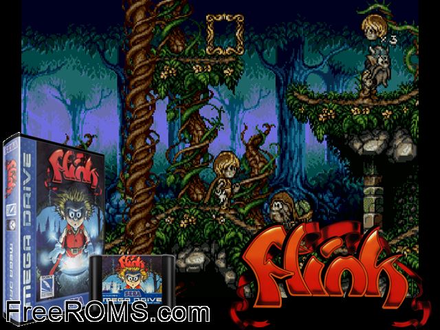 Flink Genesis game showing 3D box cover and gameplay screenshot