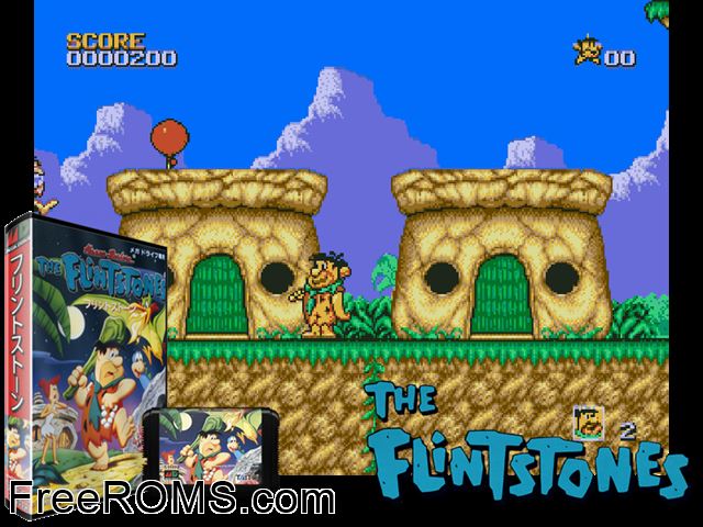 Flintstones, The (Japan) Genesis game showing 3D box cover and gameplay screenshot