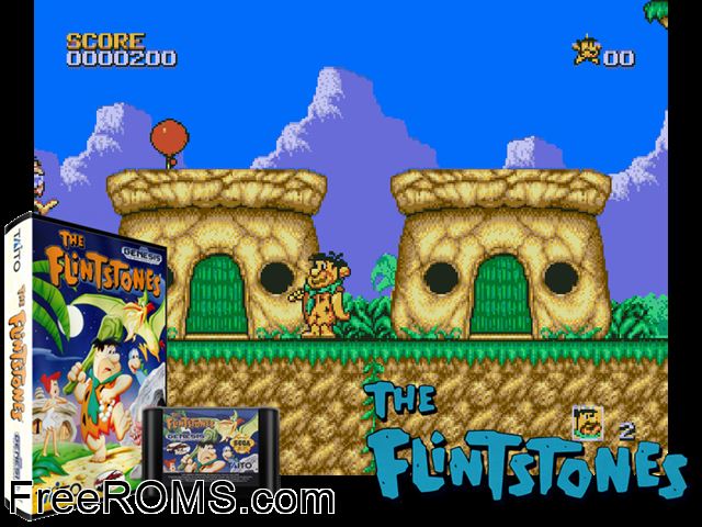 Flintstones Genesis game showing 3D box cover and gameplay screenshot