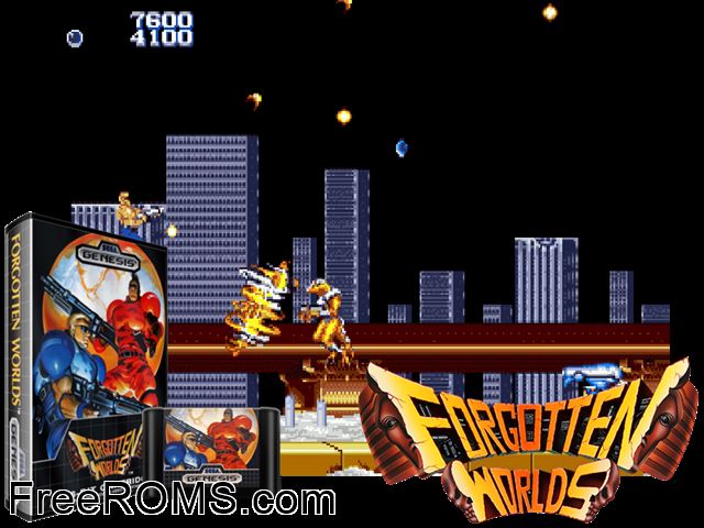 Forgotten Worlds Genesis game showing 3D box cover and gameplay screenshot