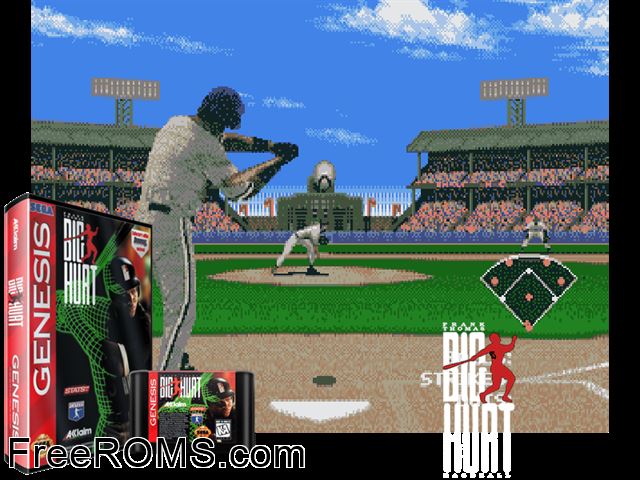 Frank Thomas Big Hurt Baseball Genesis game showing 3D box cover and gameplay screenshot