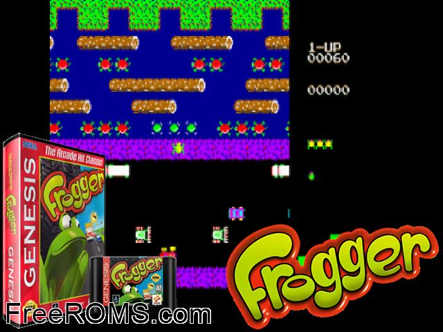 Frogger Genesis game showing 3D box cover and gameplay screenshot
