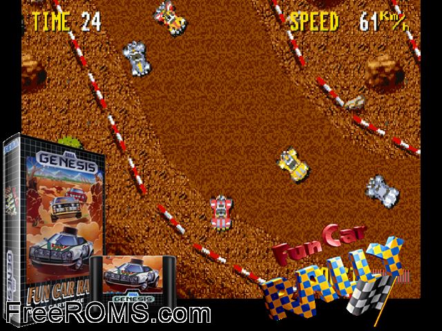 Fun Car Rally Genesis game showing 3D box cover and gameplay screenshot