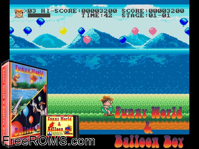 Funny World And Balloon Boy (Menu) Genesis game showing 3D box cover and gameplay screenshot