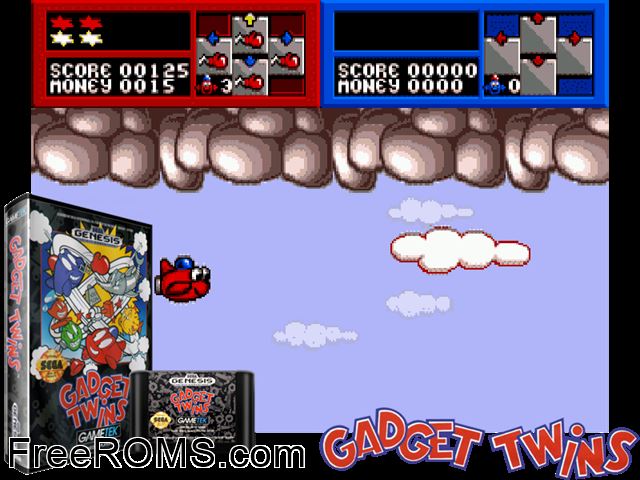 Gadget Twins Genesis game showing 3D box cover and gameplay screenshot