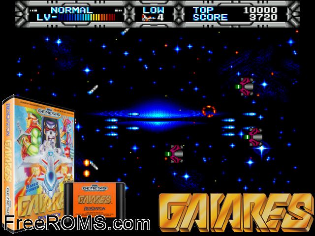 Gaiares Genesis game showing 3D box cover and gameplay screenshot