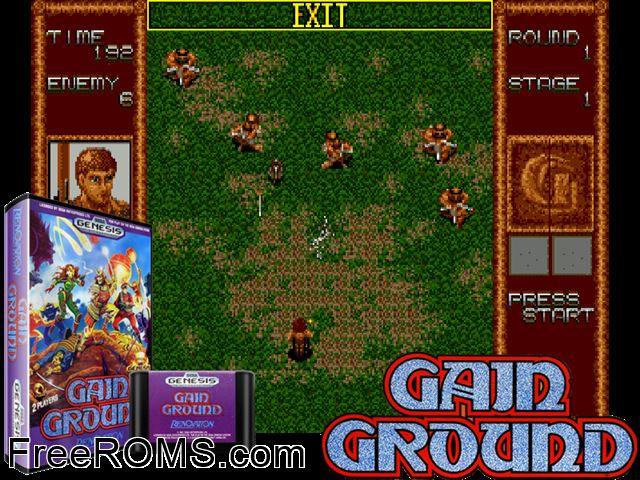 Gain Ground Genesis game showing 3D box cover and gameplay screenshot