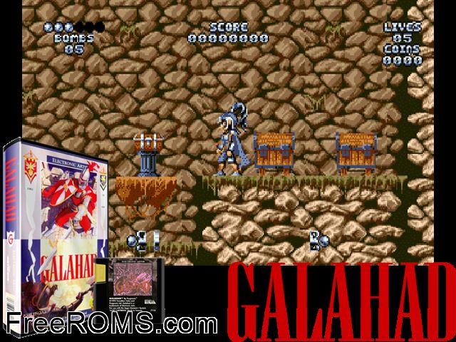 Galahad Genesis game showing 3D box cover and gameplay screenshot