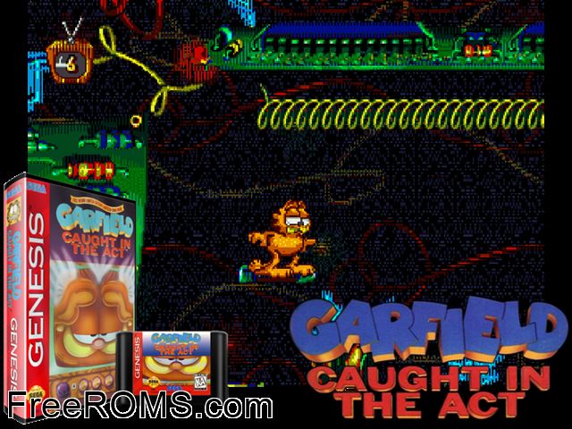 Garfield: Caught in the Act Genesis game showing 3D box cover and gameplay screenshot