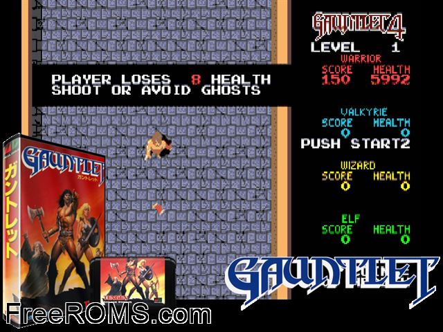 Gauntlet (Japan) Genesis game showing 3D box cover and gameplay screenshot
