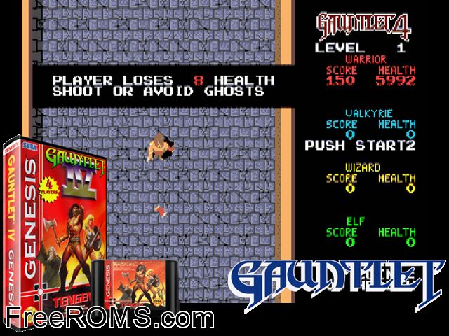 Gauntlet 4 (Aug 1993) Genesis game showing 3D box cover and gameplay screenshot
