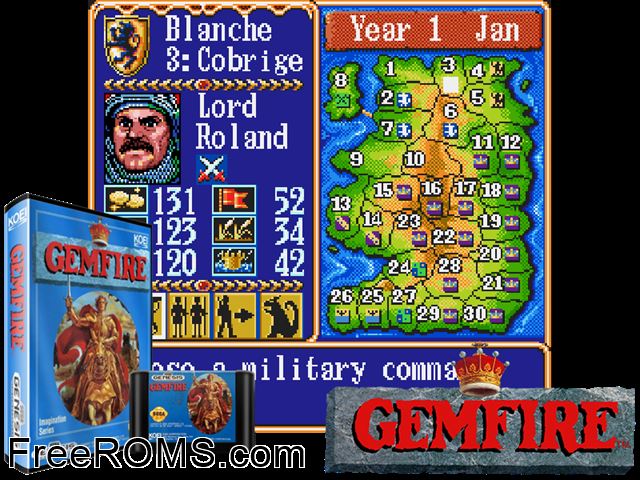 Gemfire Genesis game showing 3D box cover and gameplay screenshot