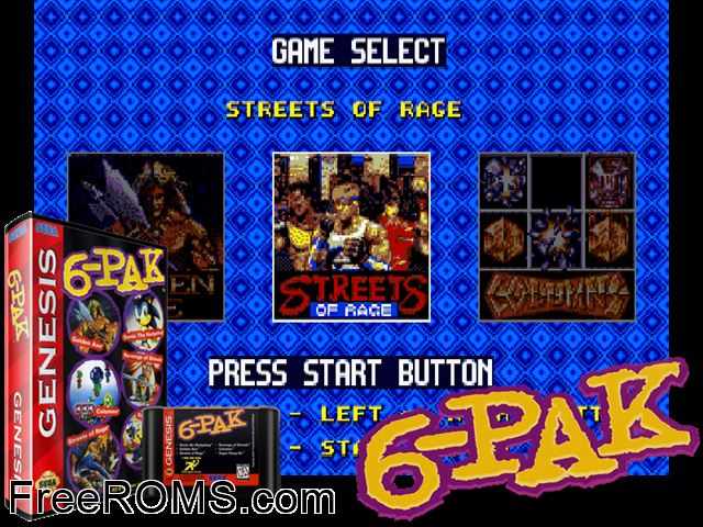 Genesis 6-Pak Genesis game showing 3D box cover and gameplay screenshot