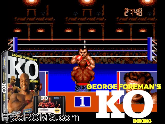 George Foreman's KO Boxing Genesis game showing 3D box cover and gameplay screenshot