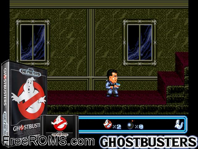 Ghostbusters Genesis game showing 3D box cover and gameplay screenshot