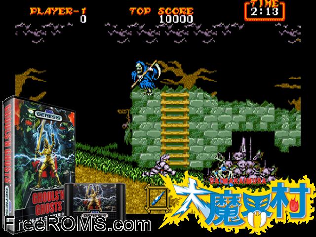 Ghouls'n Ghosts Genesis game showing 3D box cover and gameplay screenshot