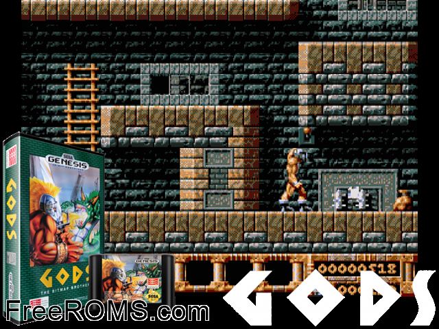 Gods Genesis game showing 3D box cover and gameplay screenshot