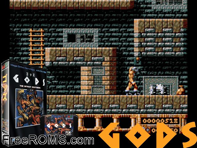 Gods (Japan) Genesis game showing 3D box cover and gameplay screenshot