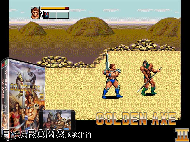 Golden Axe III Genesis game showing 3D box cover and gameplay screenshot
