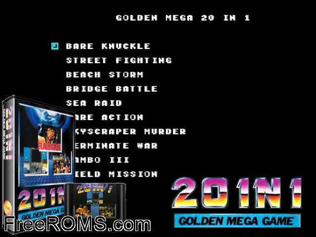Golden 20-in-1 Genesis game showing 3D box cover and gameplay screenshot