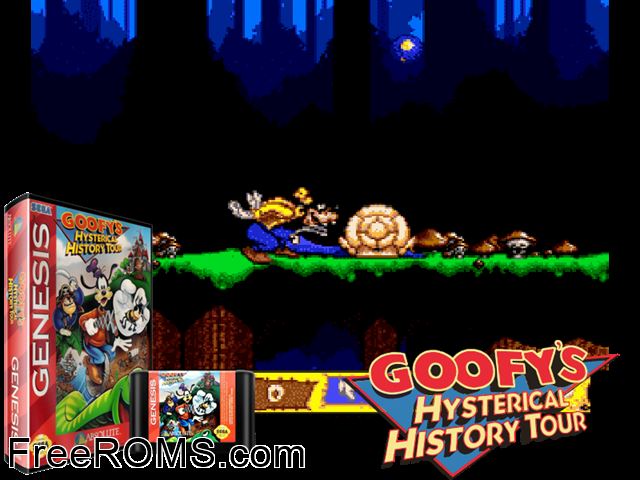 Goofy's Hysterical History Tour Genesis game showing 3D box cover and gameplay screenshot