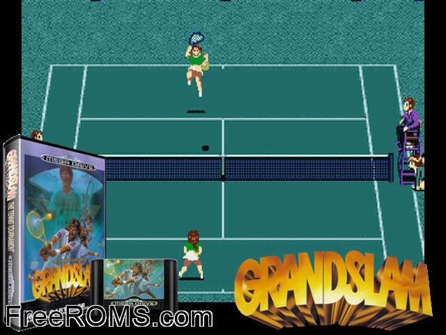 Grand Slam Tennis Genesis game showing 3D box cover and gameplay screenshot