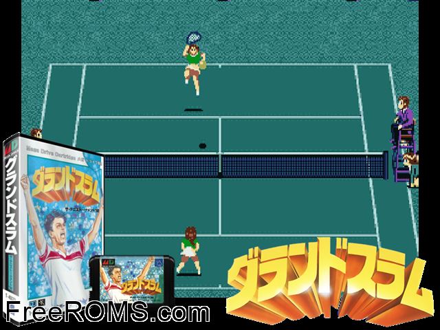 Grand Slam Tennis (Japan) Genesis game showing 3D box cover and gameplay screenshot