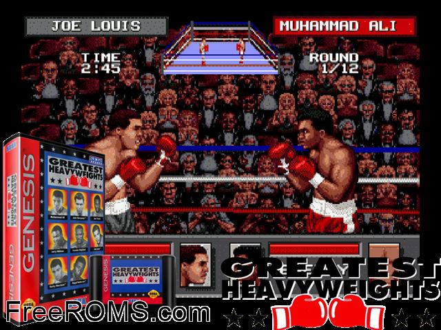 Greatest Heavyweights of the Ring (Japan) Genesis game showing 3D box cover and gameplay screenshot