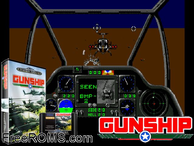 Gunship Genesis game showing 3D box cover and gameplay screenshot